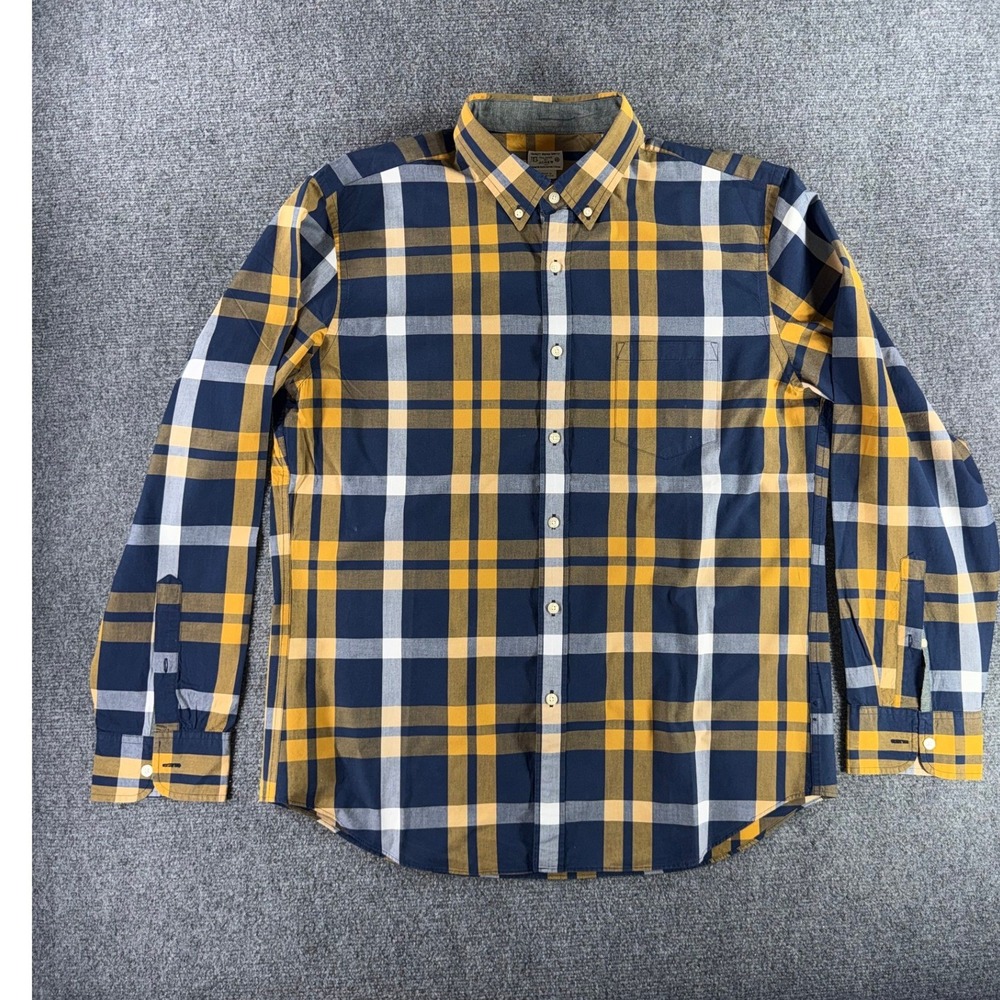 J.Crew Mens XL Plaid Button Down Shirt Mustard Yellow Navy Blue Long Sleeve